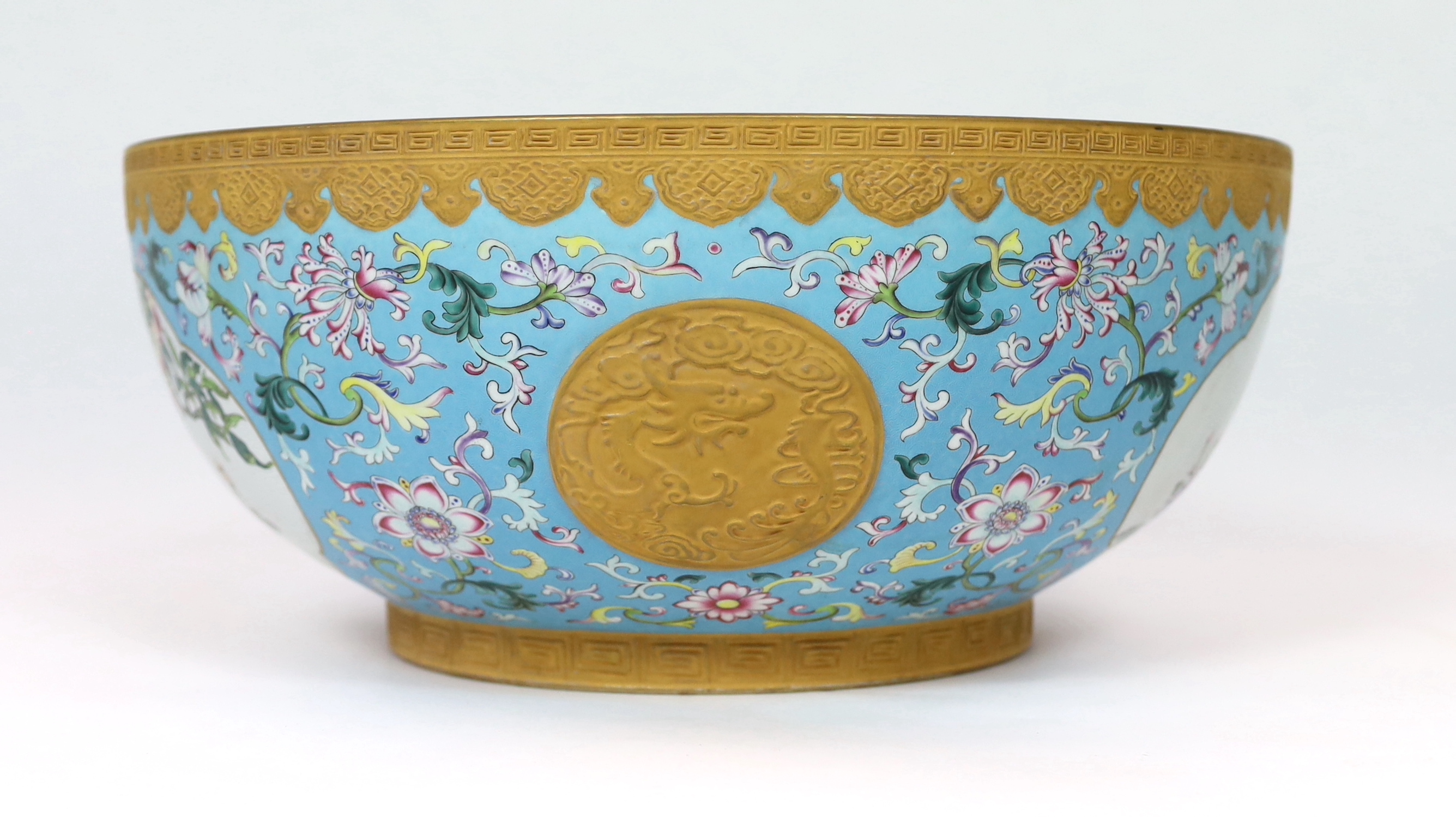 A large Chinese enamelled porcelain fish or punch bowl, Qianlong mark but modern, gilding worn